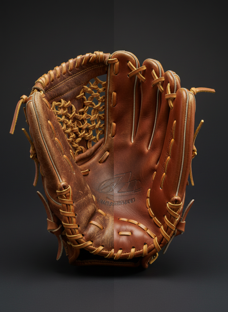 A split-composition photographic image of the same baseball glove, with the left half showing frayed, broken laces and dull, cracked leather, and the right half showing fully restored, relaced, and conditioned leather with rich color and structure. The glove is perfectly centered against a smooth, dark charcoal background that enhances contrast. Controlled studio lighting from both sides evenly illuminates each half, with slightly stronger highlights on the restored side to subtly guide the eye. The seam where the two halves meet is razor-sharp and aligned. Shot straight-on with sharp focus across the entire frame, the mood is professional and impactful, clearly illustrating the dramatic transformation glove repair can provide.