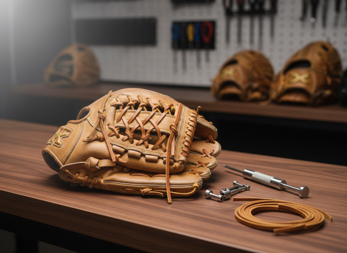 A well-worn, tan leather baseball glove spread open on a clean, dark wood workbench, its finger stalls neatly relaced with fresh, honey-brown leather laces. A precision awl, small clamp, and neatly coiled extra lace sit nearby, arranged with professional order. Soft, diffused studio lighting from above and slightly to the side creates gentle highlights on the glove’s creases and subtle shadows along the laces, emphasizing craftsmanship. The background falls into a mild blur, with neatly stacked gloves and organized tools faintly visible. Photographic realism, eye-level composition with a slight angle toward the glove’s pocket, clean and modern aesthetic, conveying reliability, care, and expert repair service.