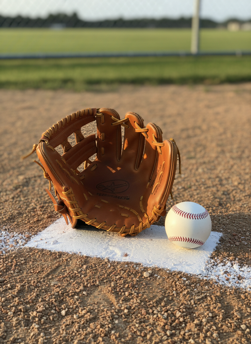 A freshly relaced, rich chestnut leather baseball glove resting on the infield dirt near a bright white baseball, both placed close to the foul line chalk. The glove’s pocket faces the camera, showcasing tight, even tan laces and a perfectly formed pocket ready for play. Golden hour sunlight casts a warm glow across the scene, creating long, soft shadows and gentle highlights on each leather crease and dirt granule. The outfield grass and a softly blurred backstop rise in the distant background. Photographic realism, low-angle composition near ground level with a shallow depth of field, evoking a game-ready, confident, and professional atmosphere that connects expert repair directly to on-field performance.