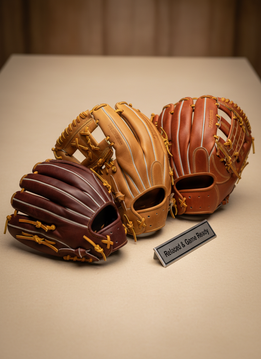 An array of different types of gloves—catcher’s mitt, first baseman’s mitt, infielder’s glove, and outfielder’s glove—neatly fanned out on a smooth, neutral beige tabletop, each showcasing distinctive, freshly relaced webs and lacing patterns. A small, tasteful metal plaque reading “Relaced & Game Ready” sits in front, slightly out of focus. Soft, diffused studio lighting illuminates the scene evenly, bringing out subtle variations in leather tones from deep mahogany to light camel. The background gradually fades into a gentle blur, keeping attention on the gloves. Photographic realism, slightly elevated three-quarter angle with balanced composition, clean and professional mood, highlighting service versatility and expertise across glove types.