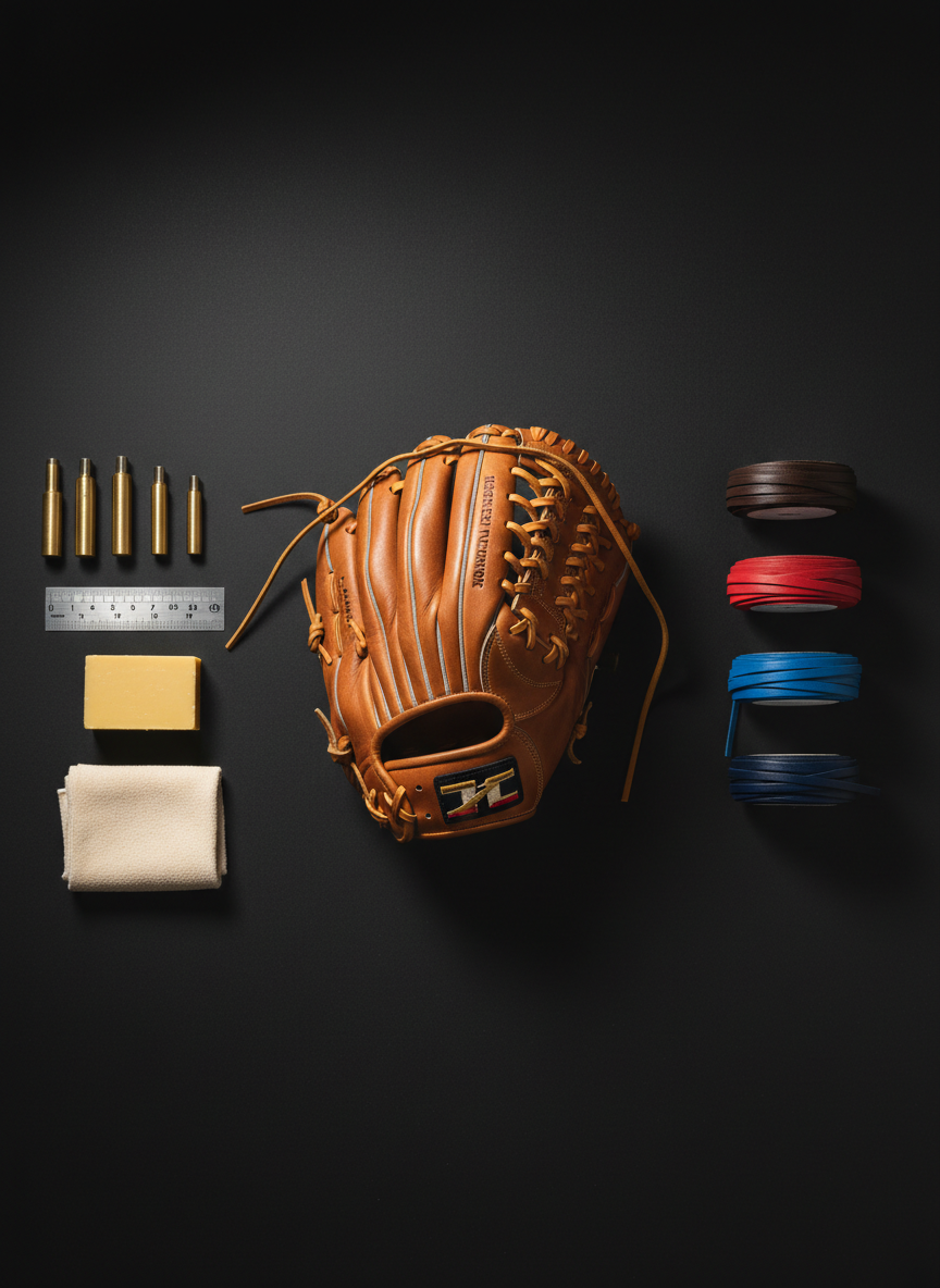 An overhead, bird’s-eye photographic view of a professional glove repair workstation, featuring a central, medium-brown baseball glove mid-relace surrounded by carefully arranged tools: leather punches, a small ruler, beeswax, multiple rolls of leather lace in different colors, and a soft cloth. The workbench surface is a clean, matte black, making the tan and brown leathers stand out dramatically. Directional studio lighting from the top-right creates defined but not harsh shadows, giving depth to each item. The composition follows a tidy, grid-like arrangement, with the glove positioned slightly off-center using the rule of thirds. The mood is organized, technical, and expert, showcasing the precision and thoroughness behind professional glove relacing services.