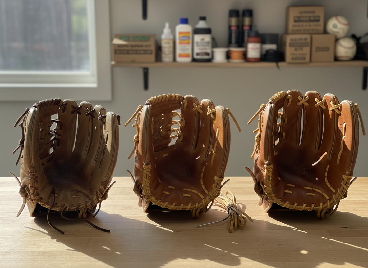 A lineup of three baseball gloves in progressive stages of repair arranged in a neat row on a light wood counter: on the left, an old, faded glove with broken laces; in the center, the same glove partially relaced with new tan lacing; on the right, a fully restored glove with tight, uniform laces and conditioned leather that looks game-ready. Soft, natural window light spills in from the left, casting long, gentle shadows and subtle highlights across the gloves. The background shows a blurred, organized shelf stocked with glove oils, laces, and boxes. Photographic realism, straight-on composition at eye level, conveying transformation, before-and-after service, and professional attention to detail.