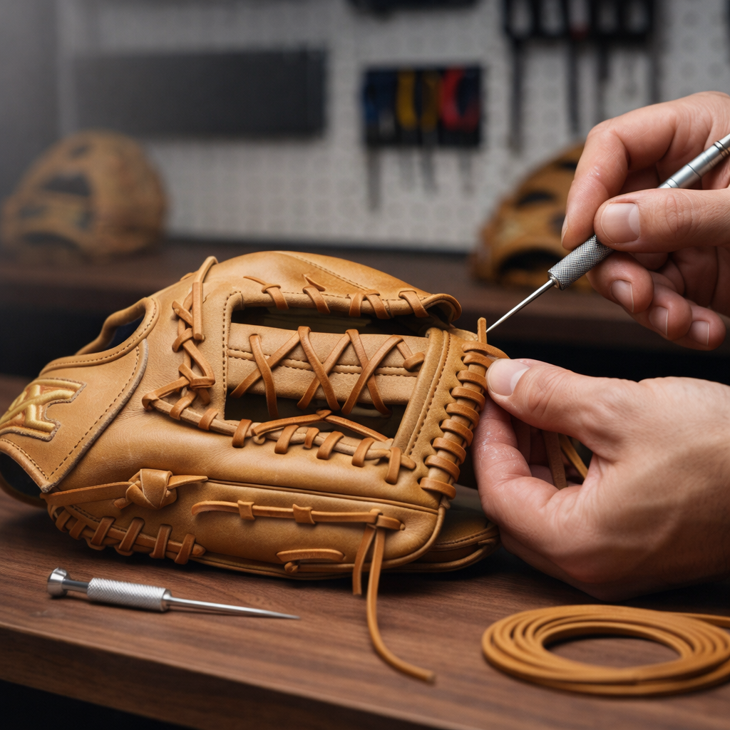 glove repair A well-worn, tan leather baseball glove spread open on a clean, dark wood workbench, its finger stalls neatly relaced with fresh, honey-brown leather laces. A precision awl, small clamp, and neatly coiled extra lace sit nearby, arranged with professional order. Soft, diffused studio lighting from above and slightly to the side creates gentle highlights on the glove’s creases and subtle shadows along the laces, emphasizing craftsmanship. The background falls into a mild blur, with neatly stacked gloves and organized tools faintly visible. Photographic realism, eye-level composition with a slight angle toward the glove’s pocket, clean and modern aesthetic, conveying reliability, care, and expert repair service.
